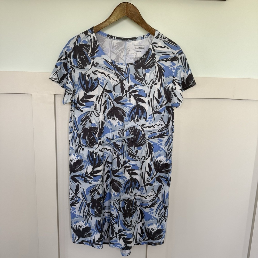 L.L. Bean T-Shirt Dress MEDIUM Blue UPF 50+ Casual Floral Cinch Waist Tropical